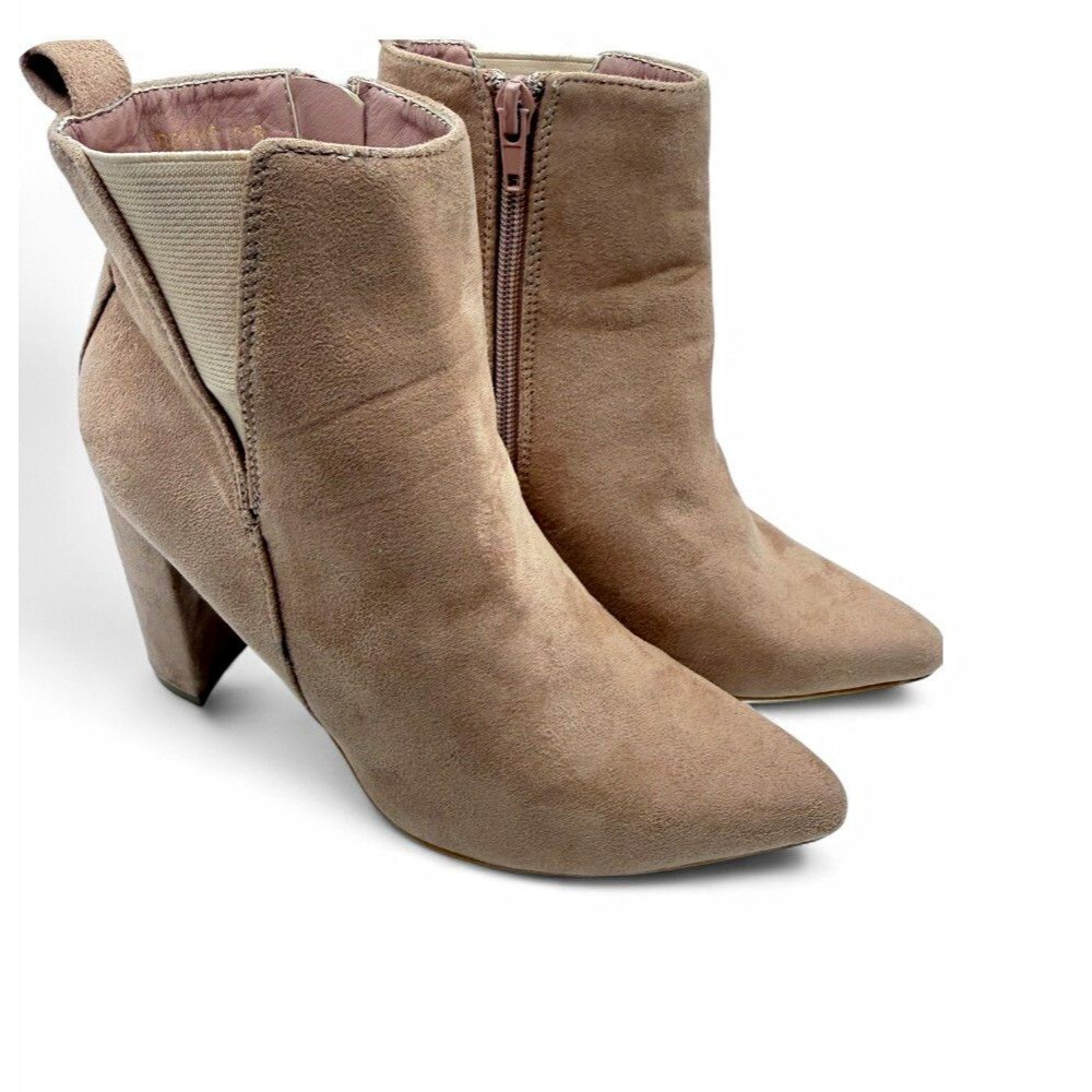 Allegra K Beige Faux Suede Pointed Toe Block Heel Ankle Bootie Side Zip US 6